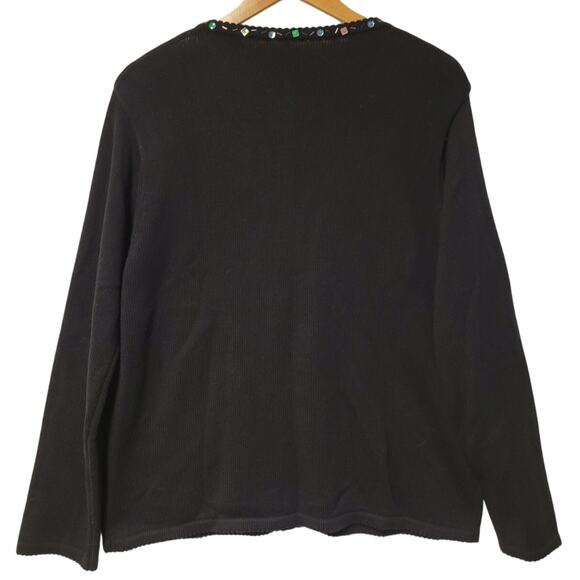 Black Cardigan Multicolor‎ Embroidered Snowflakes Beaded & Sequined Neckline- L - Picture 4 of 6